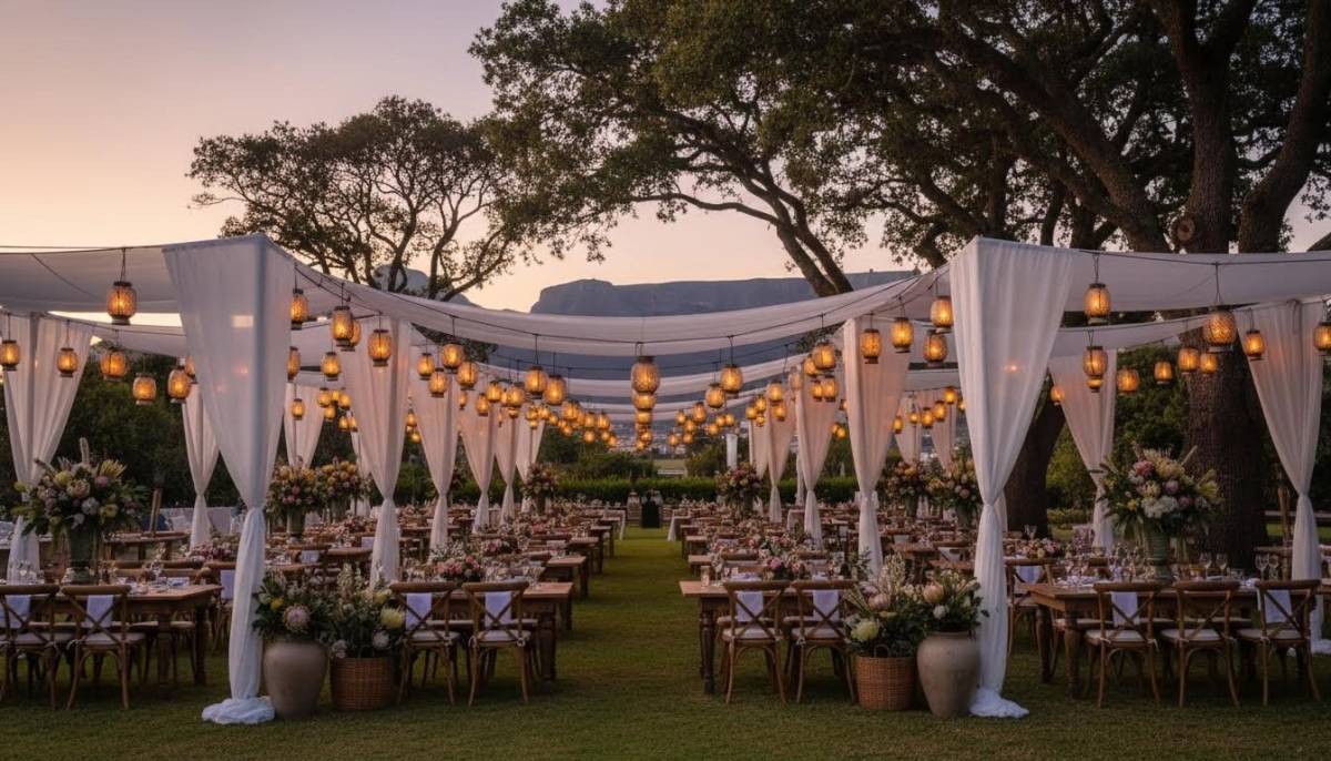 Empty garden venue styled for a mythology feast