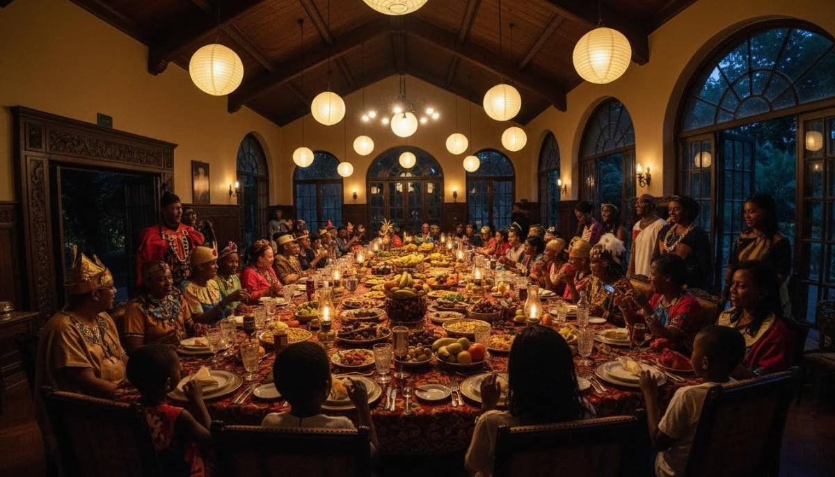 Family celebrating at a mythology themed dinner