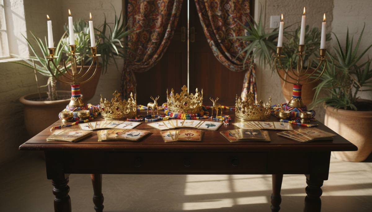 Oracle cards and crowns on a mythology party entrance table