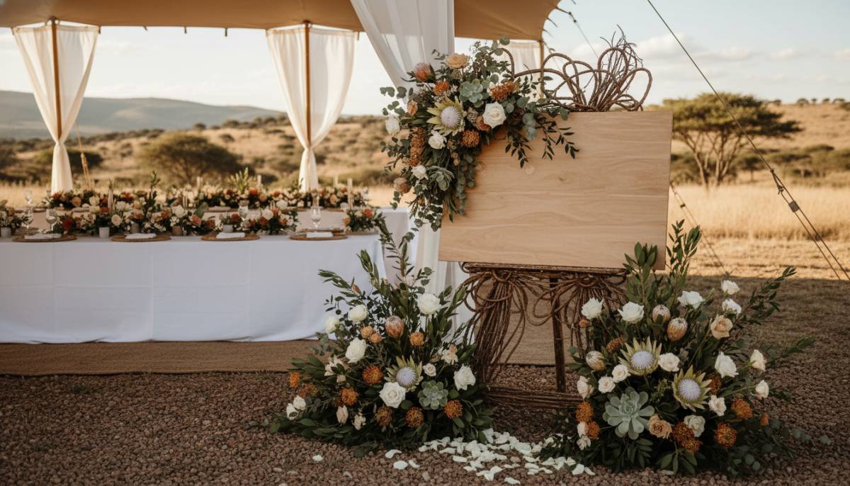 Welcome sign and flowers for a naming ceremony