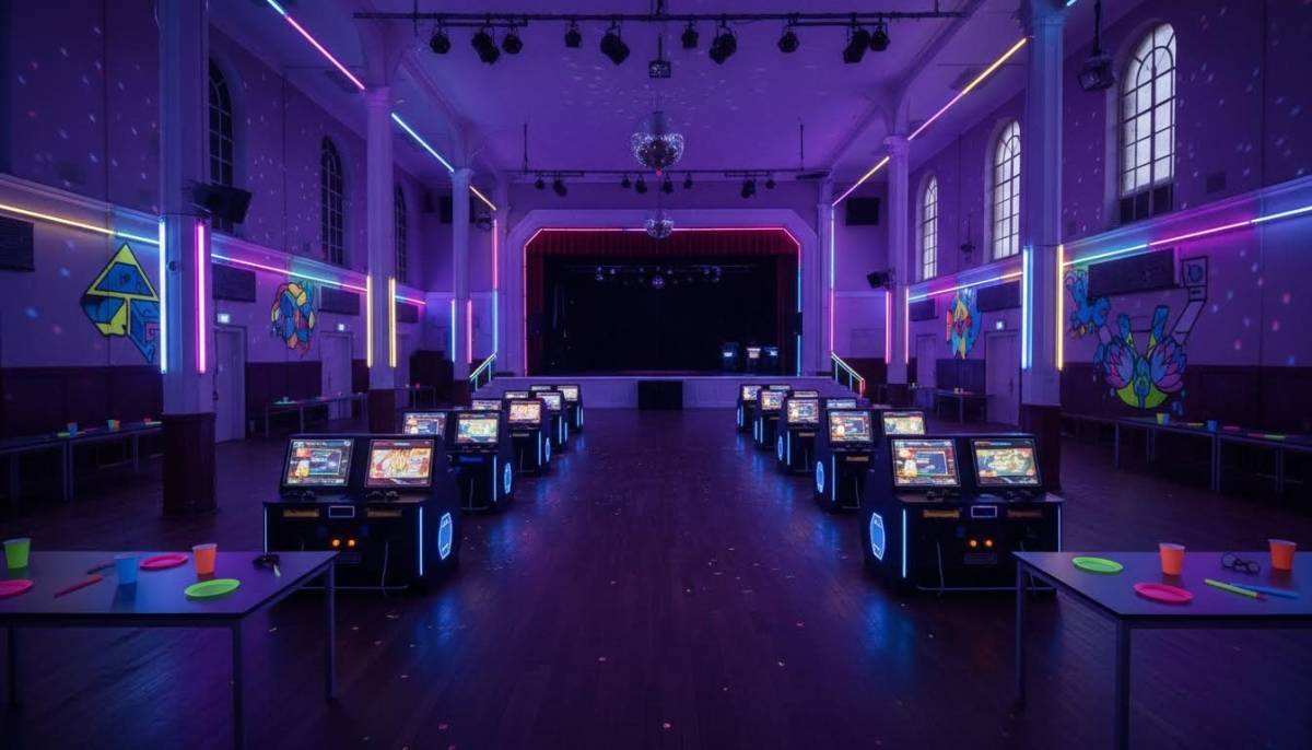Empty neon party game hall before guests arrive