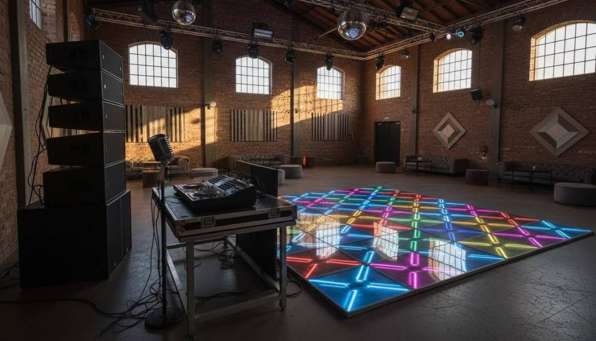 Sound system beside neon dance floor