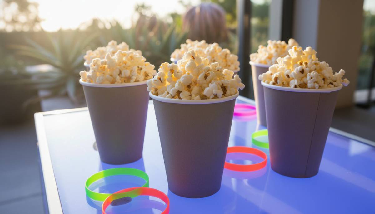 Popcorn cups on neon party table