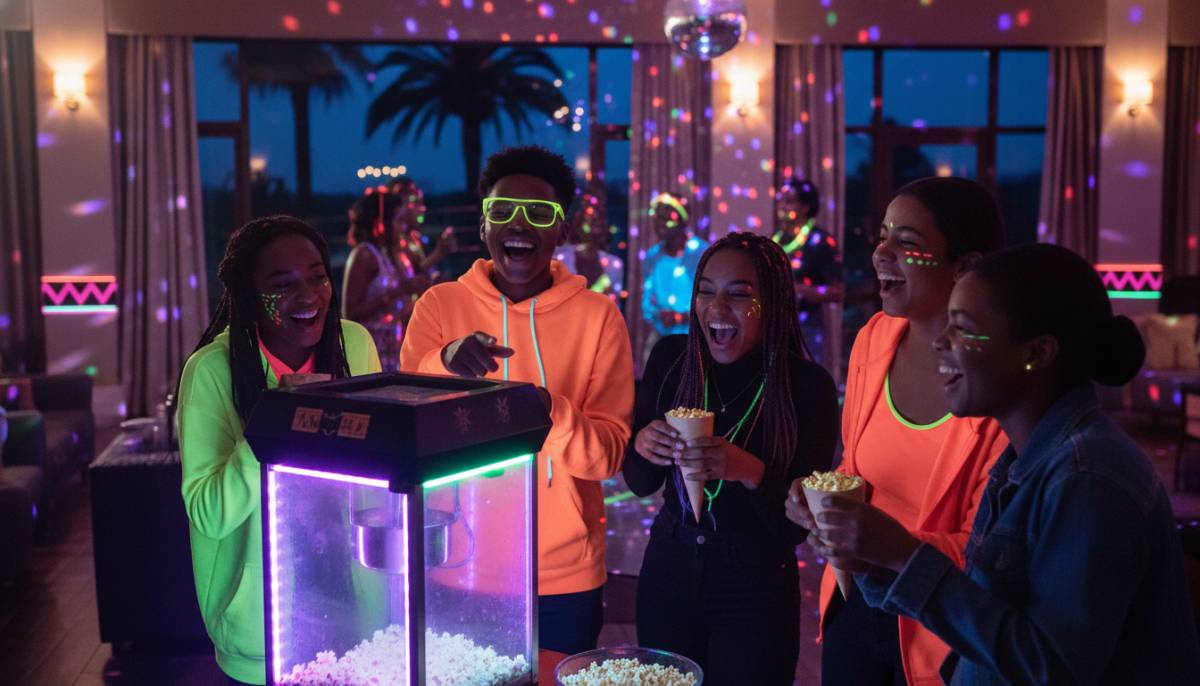 Guests laughing near popcorn machine