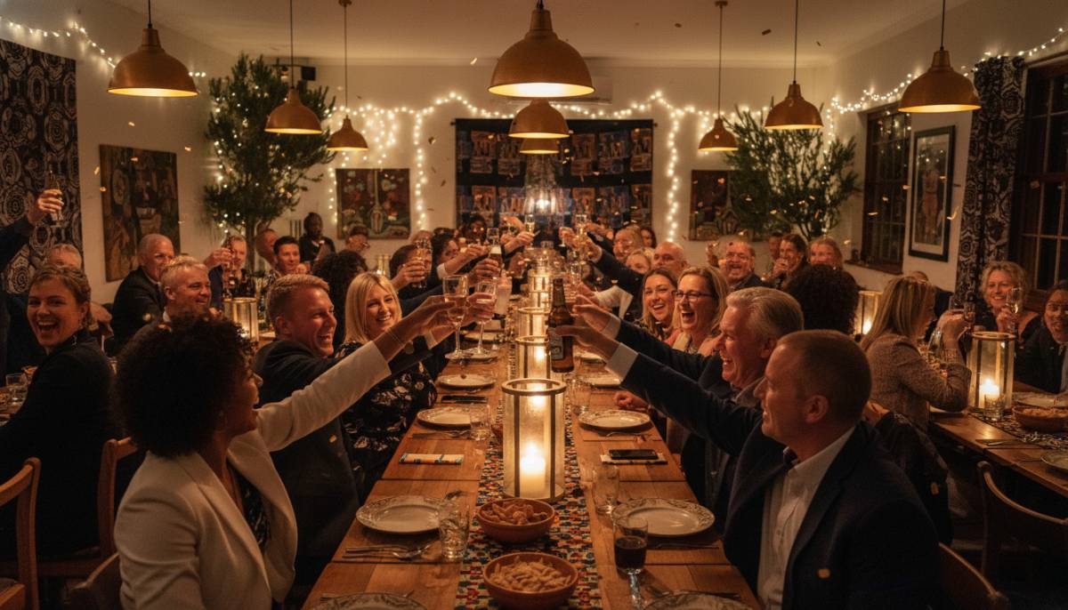Guests raising glasses during a new job toast