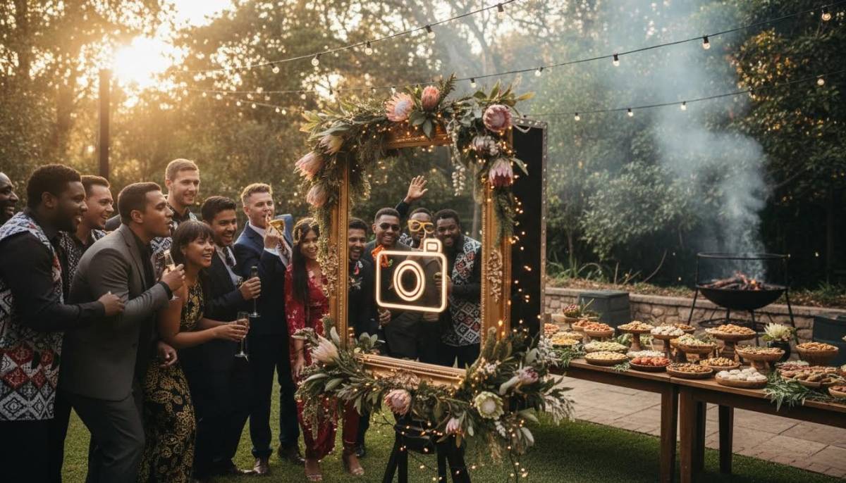 Guests using a mirror booth at a celebration