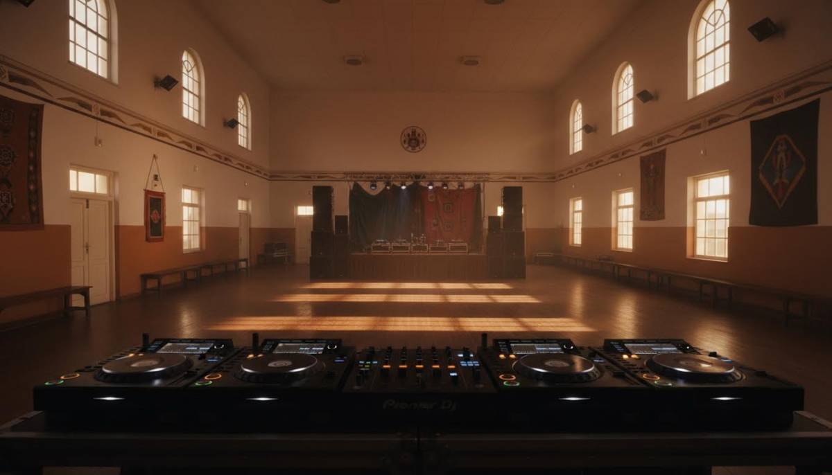 Sound equipment set up in an empty hall