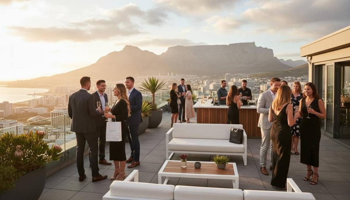 Office party guests arriving at a rooftop venue