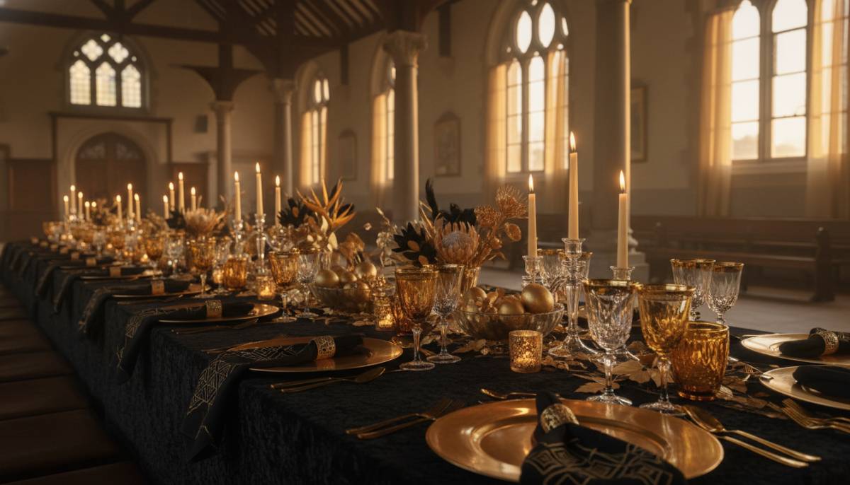Black and gold vintage table setting with candles