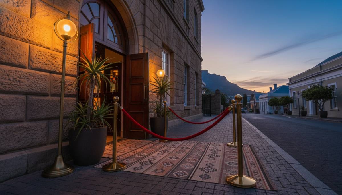 Vintage glam entrance with velvet ropes and warm lamp