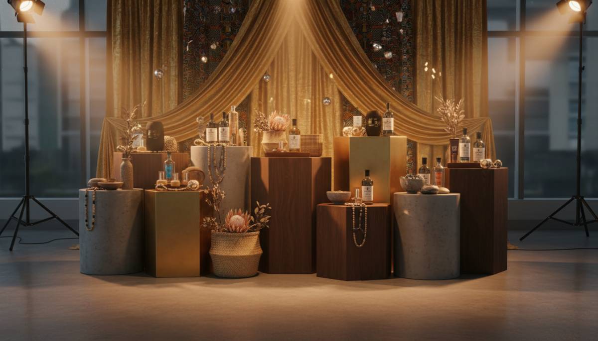 Product plinths with warm launch lighting
