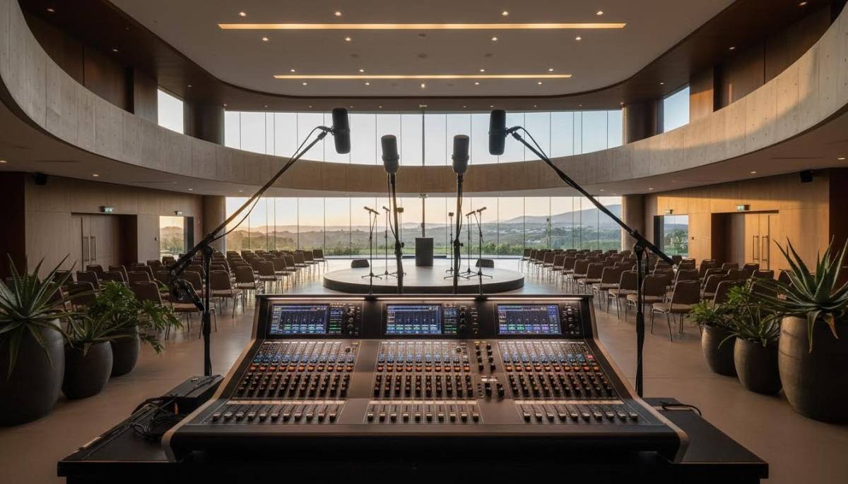 Sound desk and microphones at launch venue