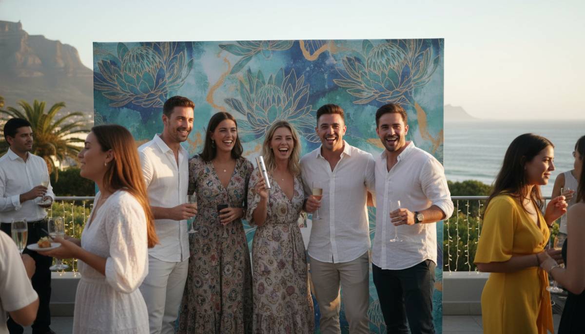 Guests posing at branded launch photo wall