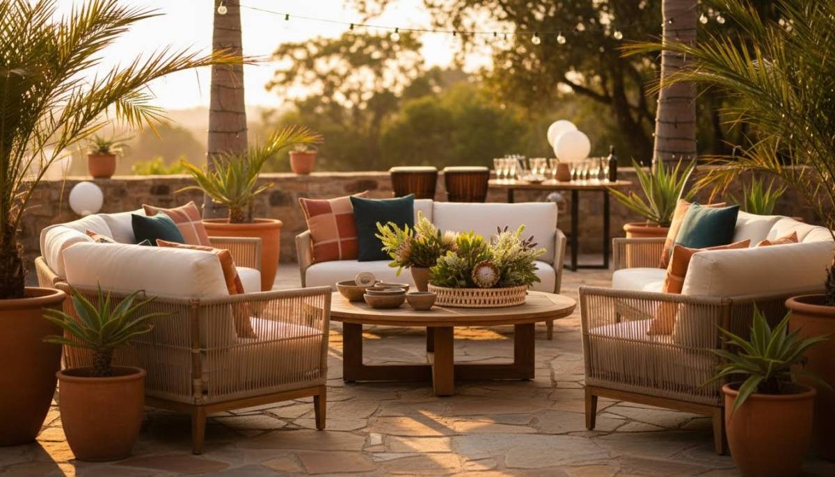Rented patio lounge seating at a renovation reveal