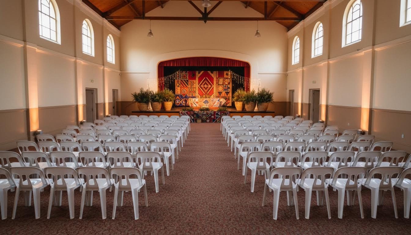 School hall prepared for a retirement party