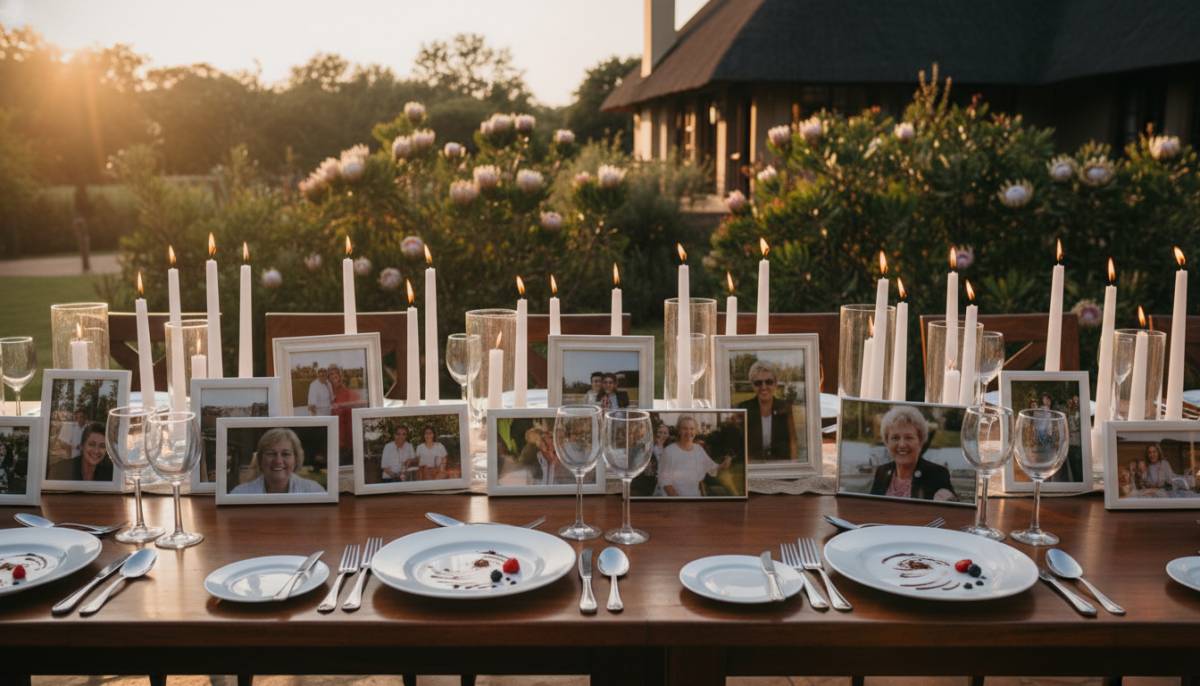 Retirement dinner table with framed photos