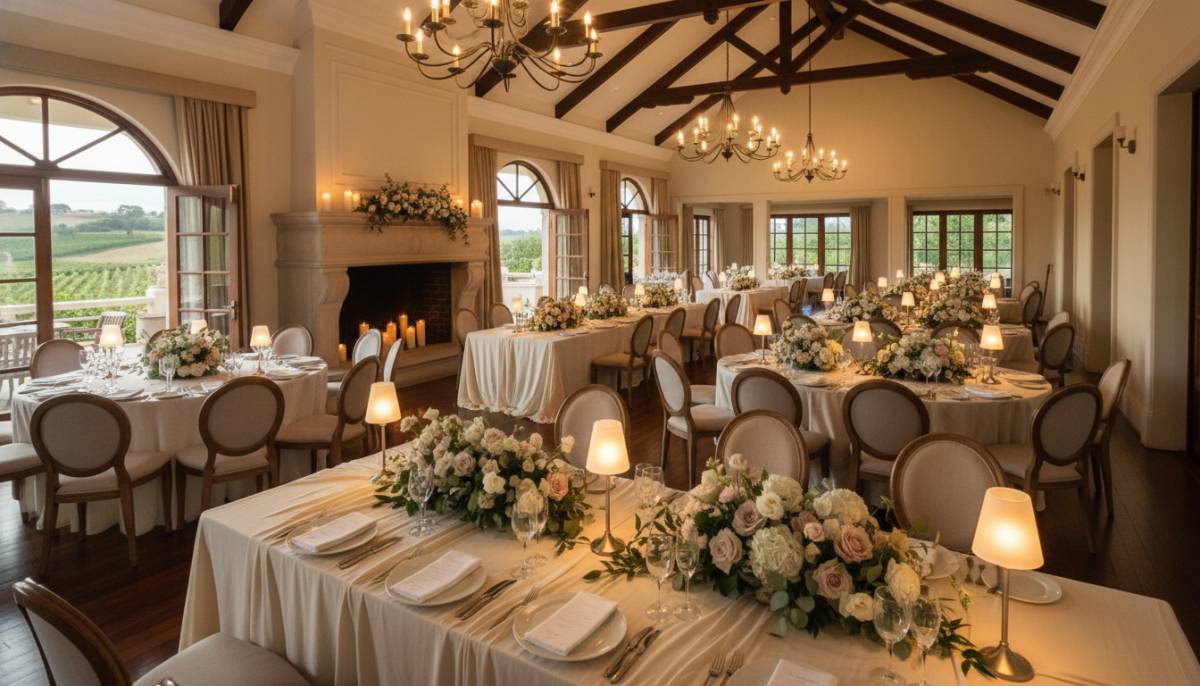 Romantic clubhouse setup with warm decor and empty tables