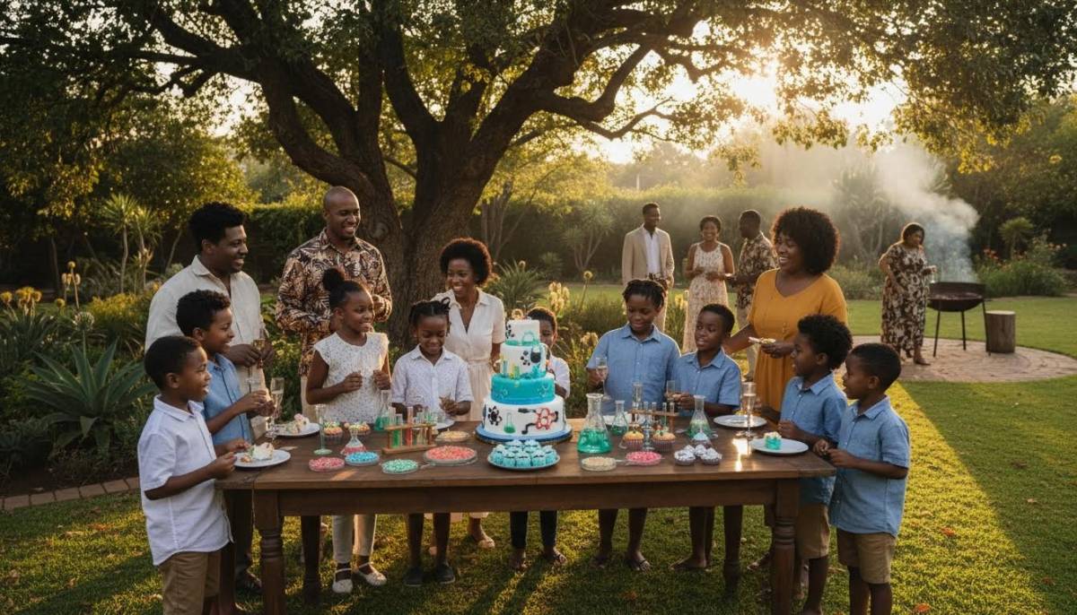 Family gathered around a science themed cake table