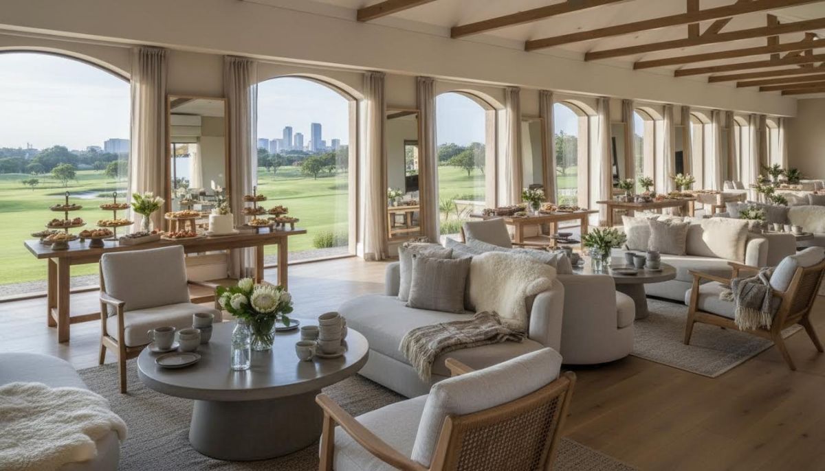 Neutral lounge setup for a sip and see