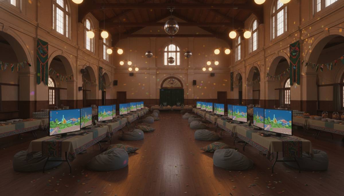 A school hall set up with activity stations and warm lighting
