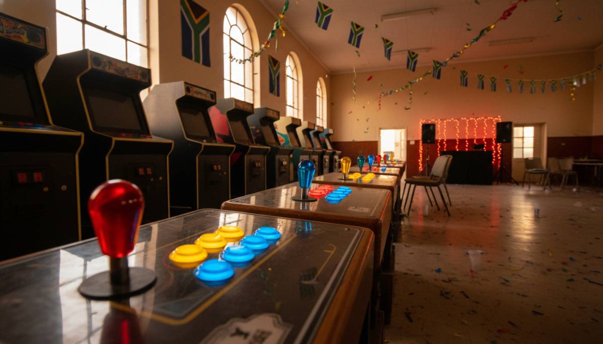 Arcade machine controls lit up indoors