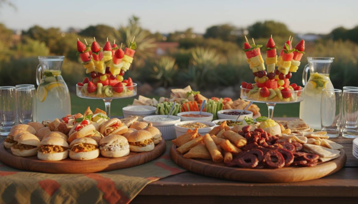 Savoury platters and fruit skewers on a party table