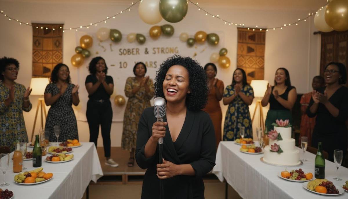 Guest singing karaoke at a sober anniversary party
