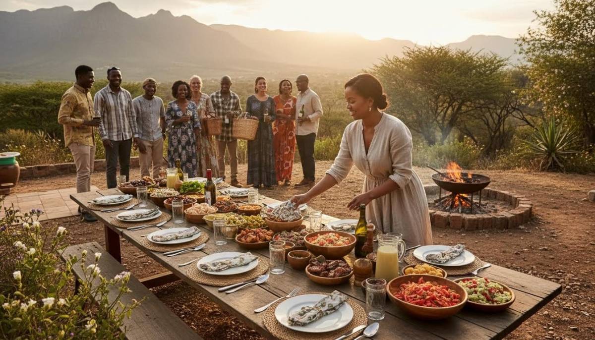 Host preparing a feast table as guests arrive