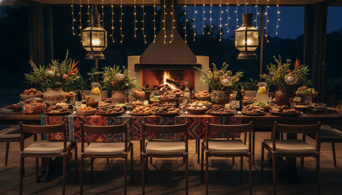 Finished feast table under warm lights