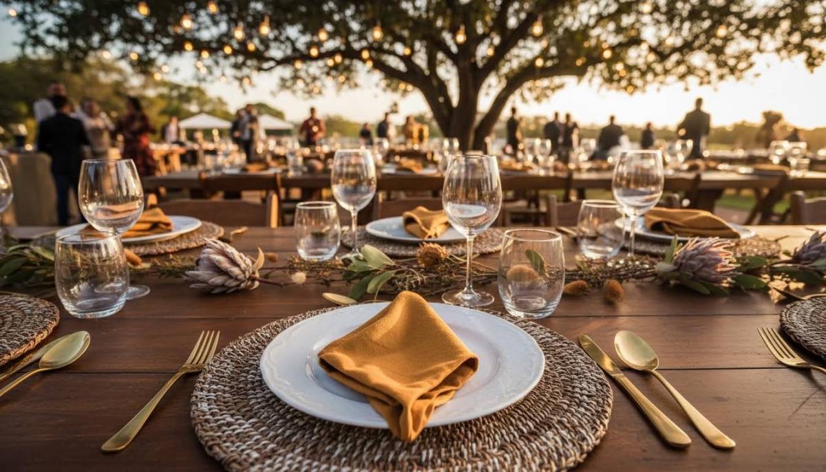 Close-up of neat South African feast place settings