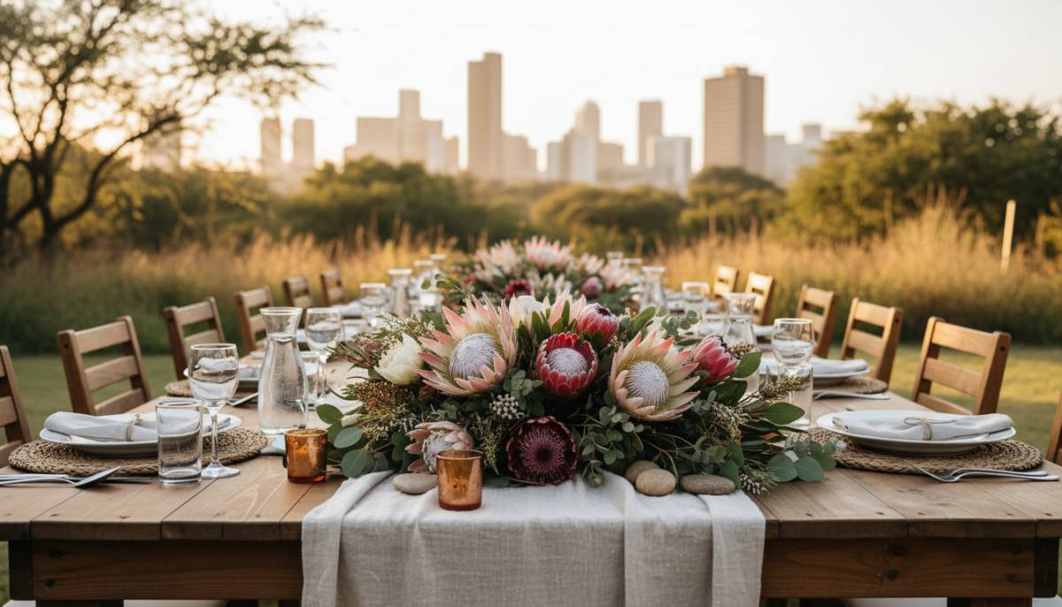 Low protea florals on a feast table