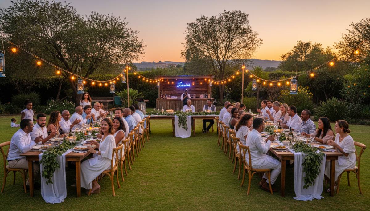 Guests at a backyard feast table with a bar nearby
