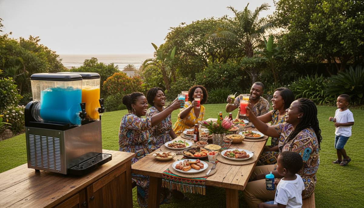 Family celebrating near a slushy station