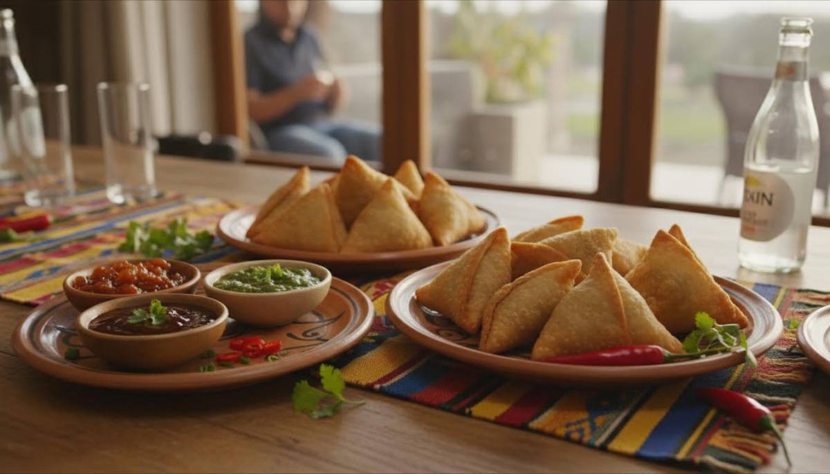 Samoosas served on ceramic plates