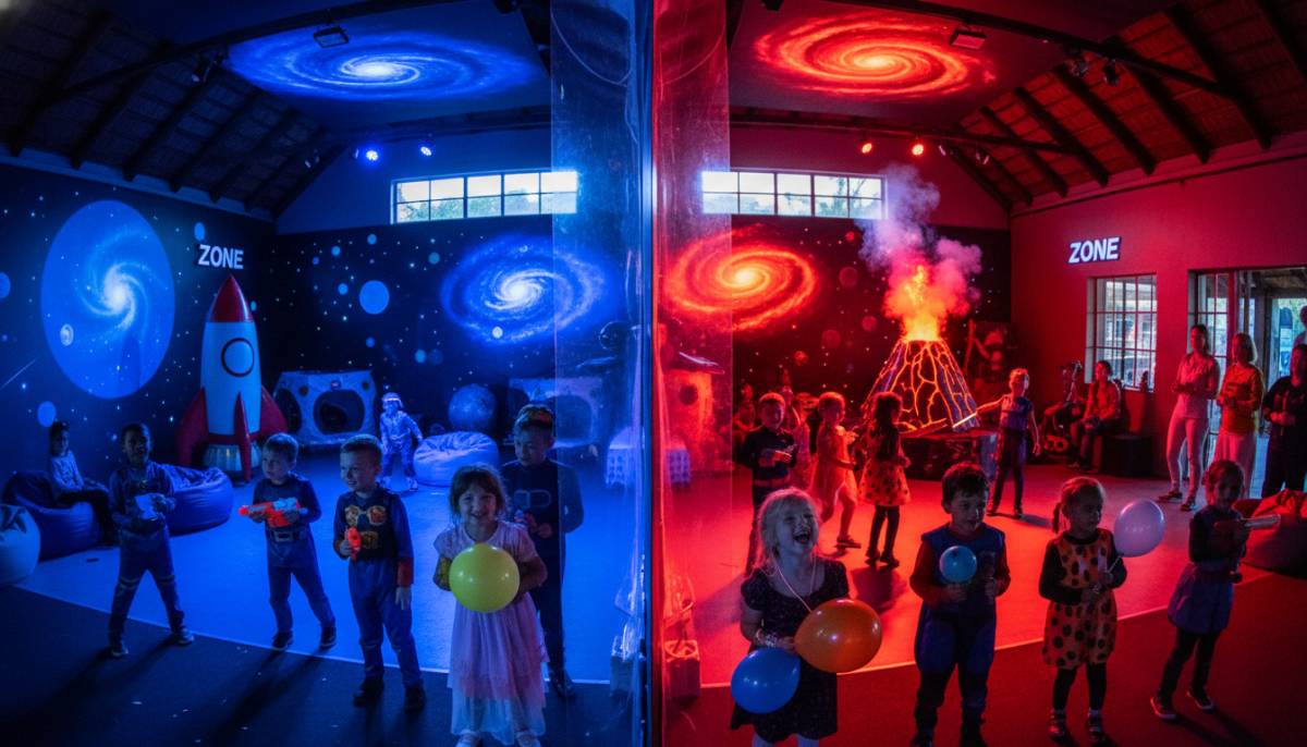 A party hall divided into blue and red galactic team zones