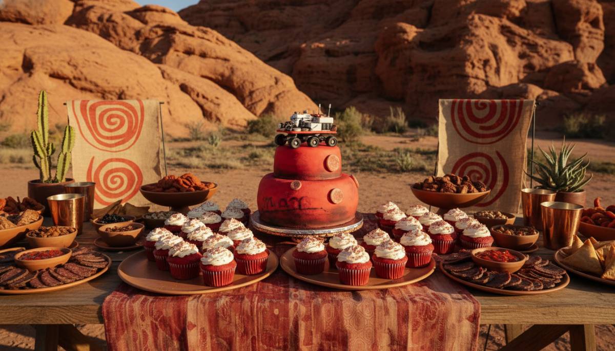 Mars birthday food table with red desserts and copper details