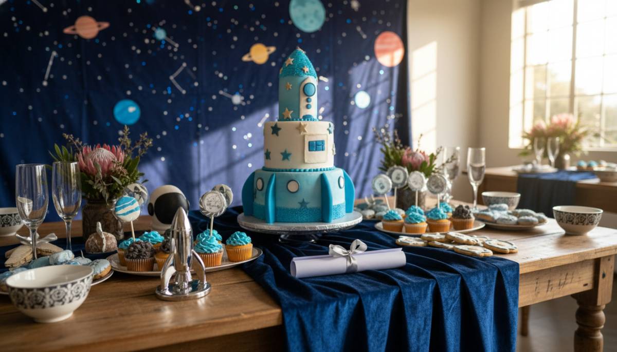 Astronaut training certificate table with rocket cake