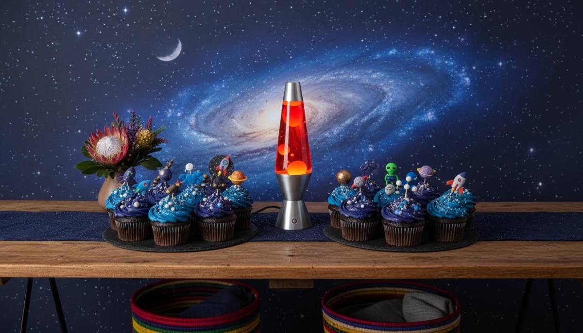 Space station snack table with rocket fuel drinks and galaxy cupcakes