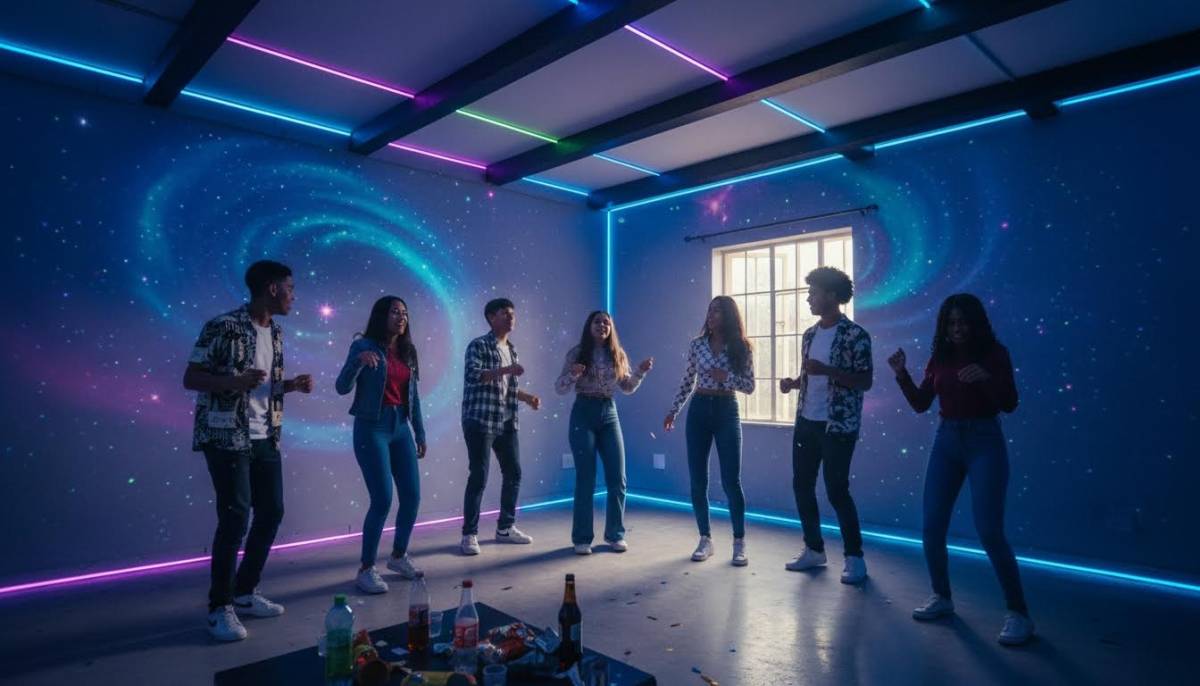 A dance corner with galaxy projections and LED lighting