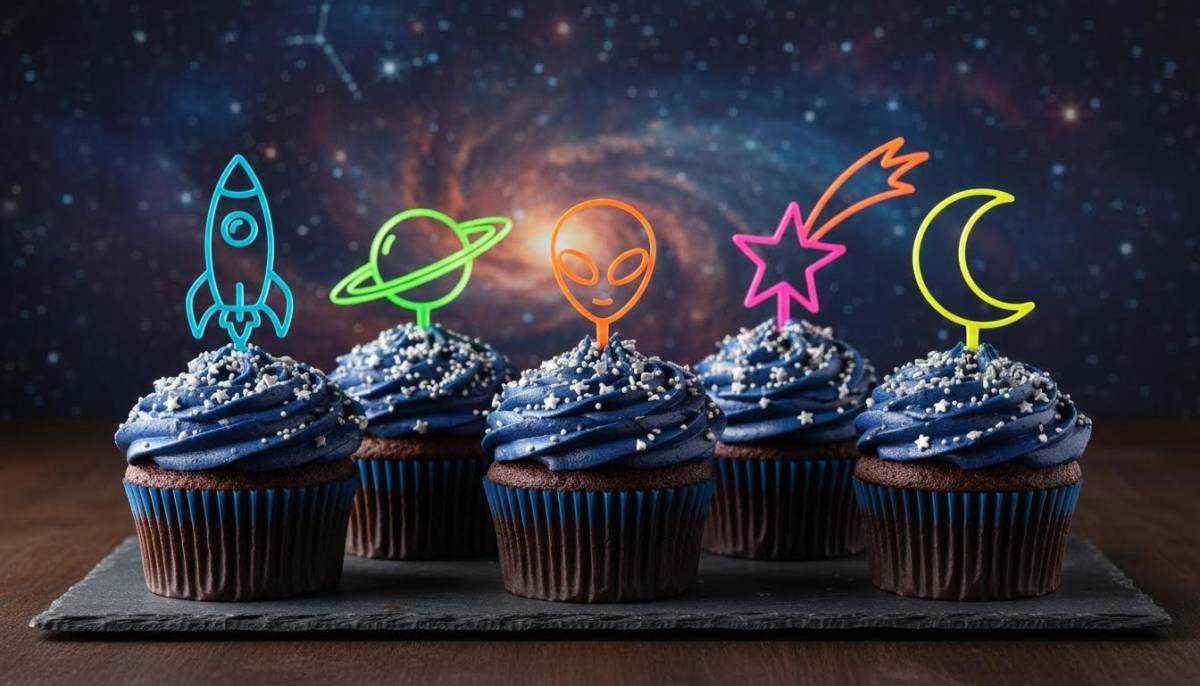 Galaxy cupcakes with silver stars and neon decorations