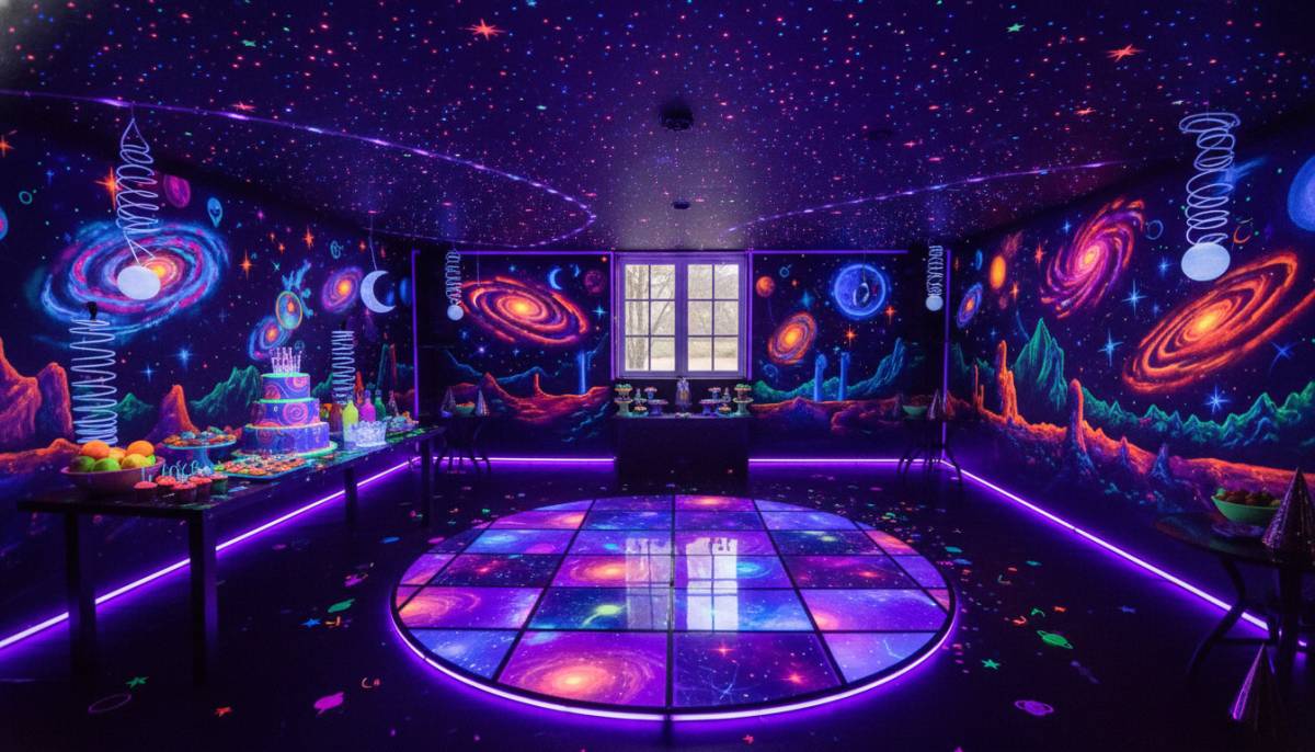 A room-wide neon galaxy birthday party with UV lighting and star details