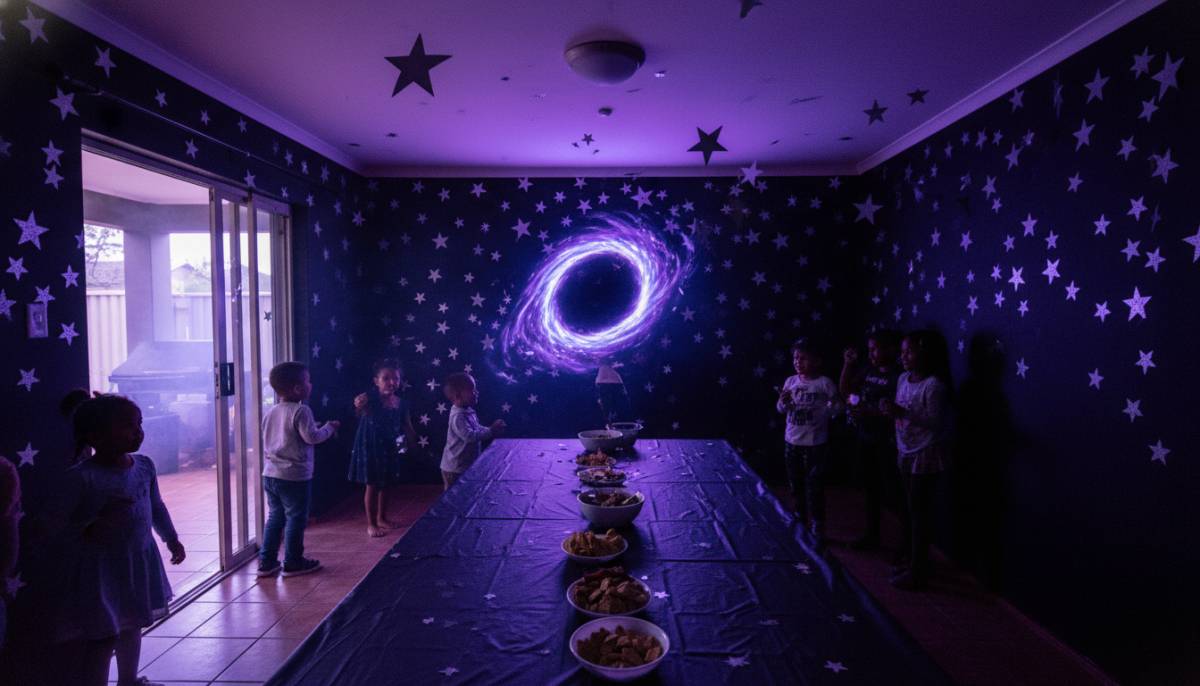 Black hole themed birthday setup with purple lighting and star decorations