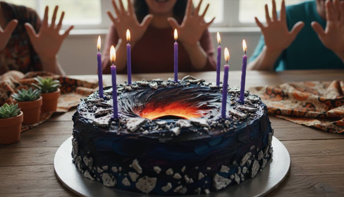 Black hole birthday cake with silver asteroid decorations