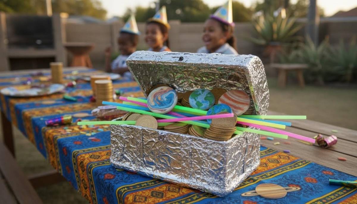 Space pirate treasure chest filled with glow sticks and sweets
