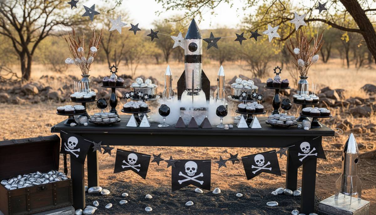 Space pirate dessert table with silver decorations and rocket props