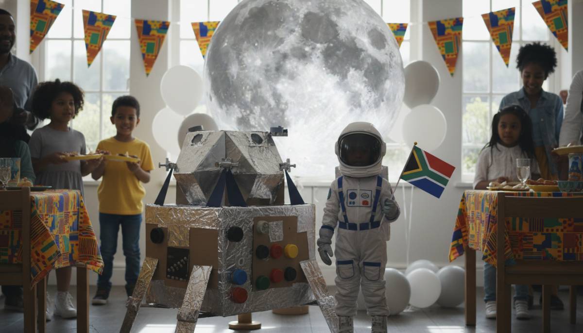 Child dressed as an astronaut beside a cardboard lunar module