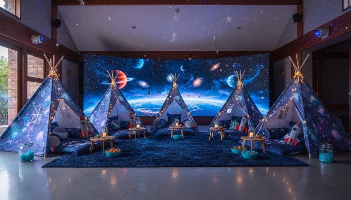 Children exploring a glowing deep space colony party setup with habitat pods and a starry backdrop