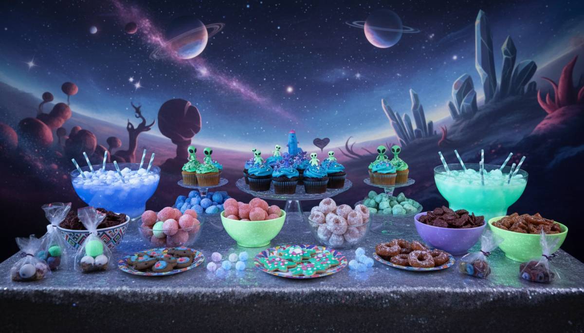 Alien planet birthday garden with glowing rocks and purple lighting