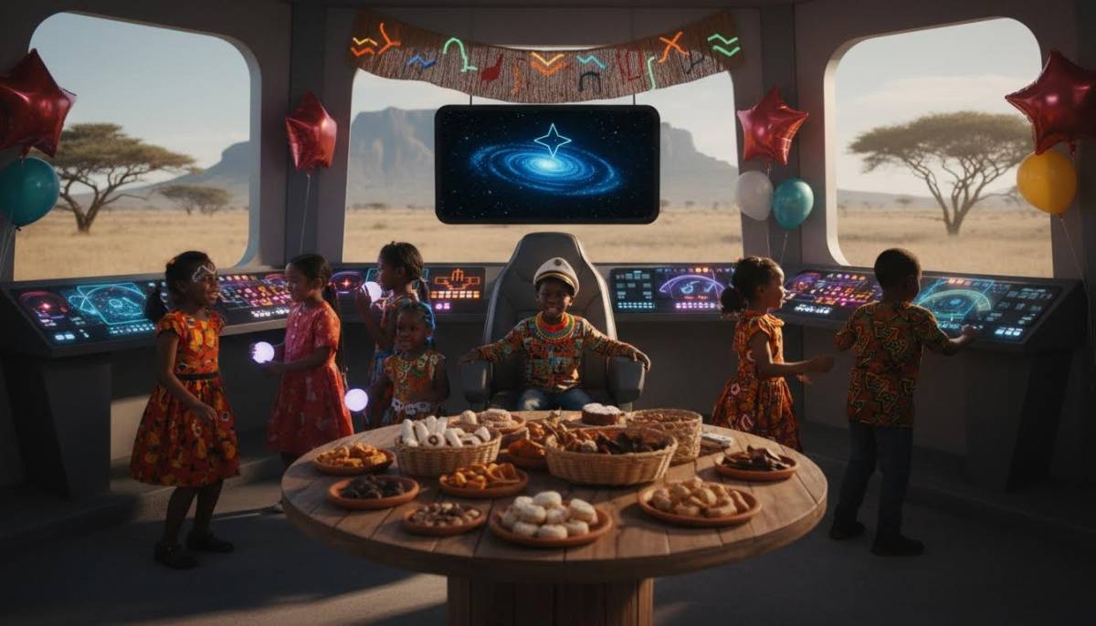 Children gathered around a glowing starship captain chair at a space birthday party