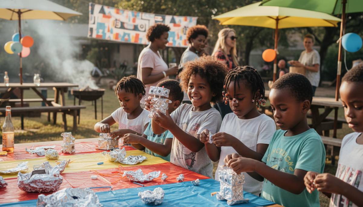 Children making foil robots at a futuristic birthday craft table